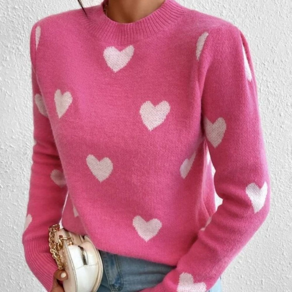 Heart Print Long sleeve Knit Sweater Top pink - Picture 6 of 6